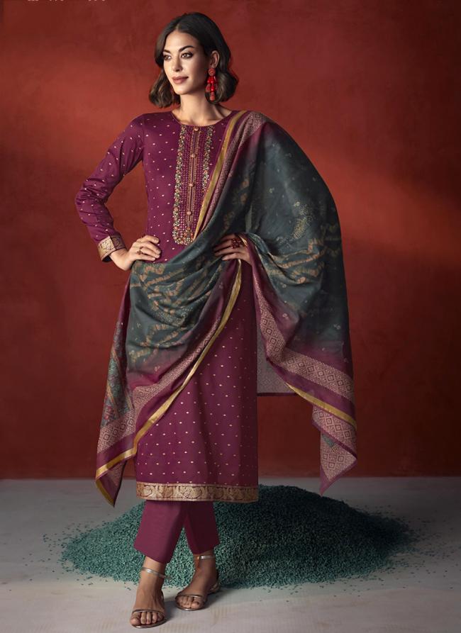 Pure Viscose Satin Purple Traditional Wear Embroidery Work Straight Suit